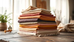 Katoen stoffen in verschillende kleuren op een rustieke houten tafel.