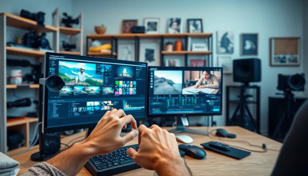 Monitor displaying post-production & editing software in a vibrant editing suite.