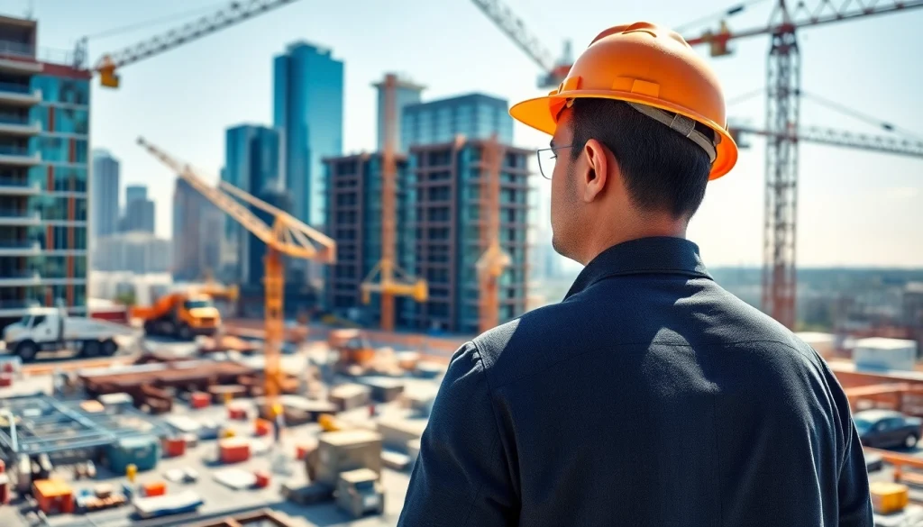 New Jersey Construction Manager supervising progress at a modern construction site.