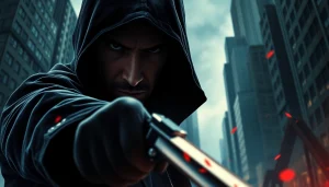 Engaging scene depicting Contracts and Bullets through an intense assassin ready for action.