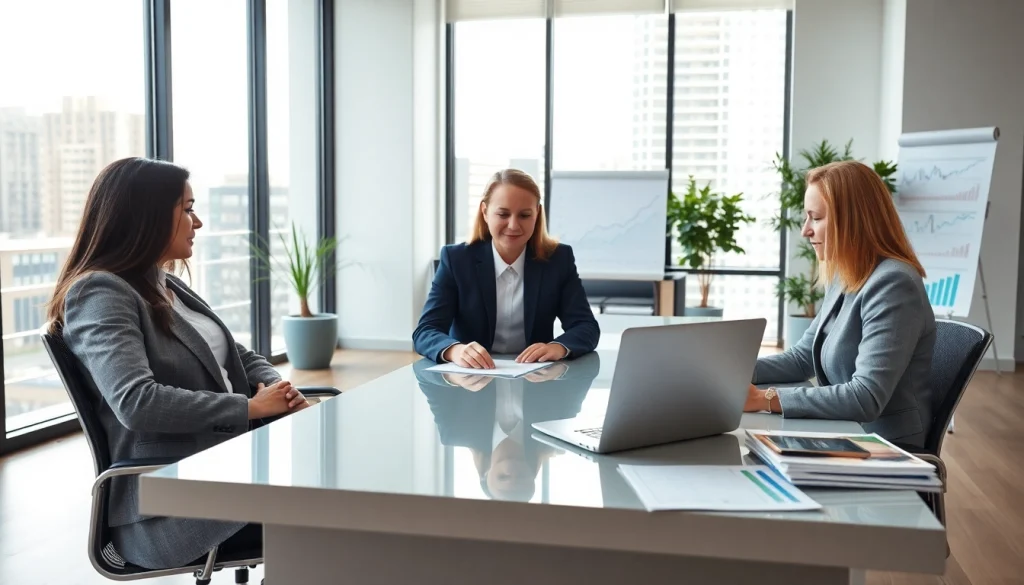 Engaging investment management San Antonio professional consulting with clients in modern office.