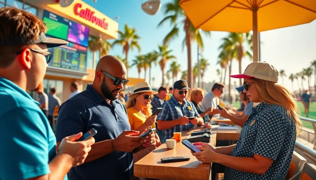 Engaging scene of sports betting sites California, showing users betting on mobile devices.