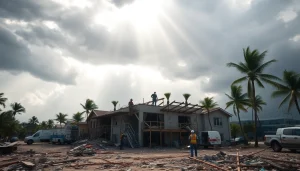 Construction workers repairing buildings impacted by Florida Hurricane Damage in a coastal town.
