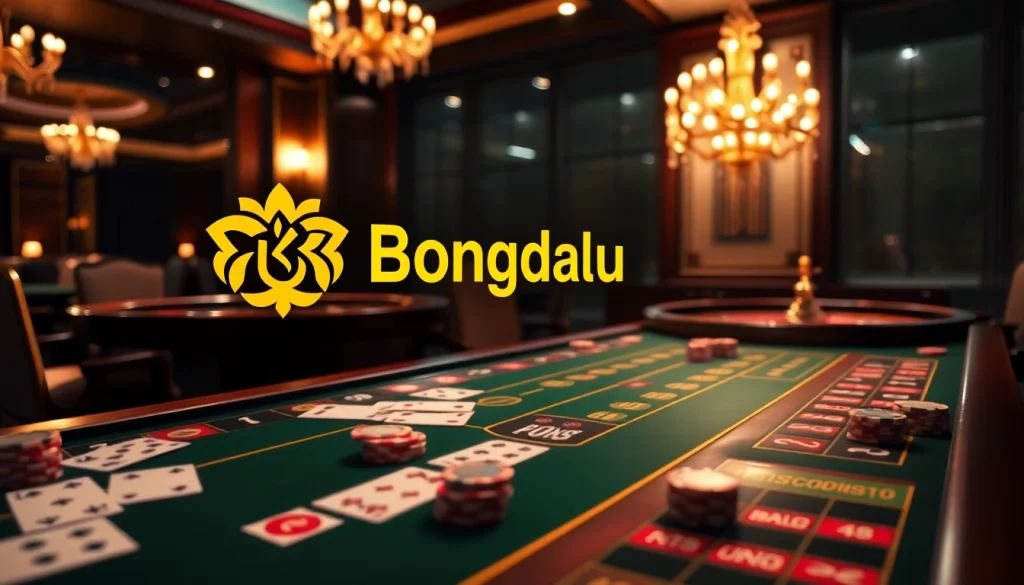 Bongdalu showcases an exciting casino scene with betting tables and poker elements, highlighting the thrill of online gambling.
