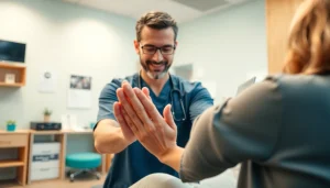 Engaging physical therapy marketing visual showing a therapist assisting a patient in a supportive clinic.
