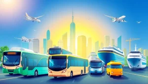 Transportation vehicles like buses, trains, and airplanes illustrated against a vibrant city skyline.