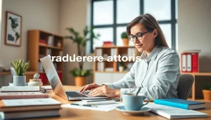 Professional translator engaged in work, highlighting traducere autorizată services in a modern office setting.