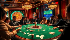 Engaging players at a poker table embodying 'Nếu như vậy bám vào đây' in a vibrant casino atmosphere.