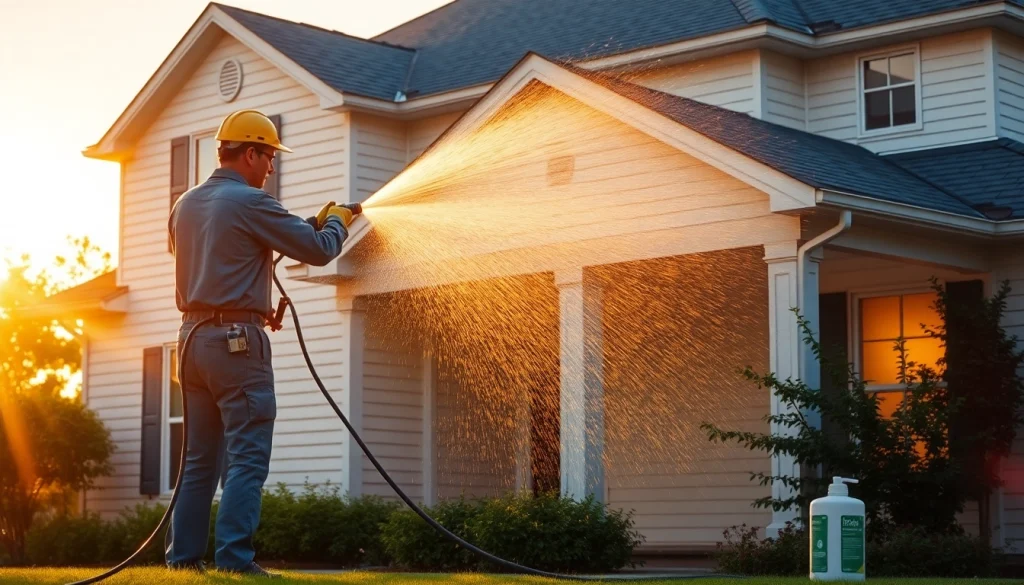 Soft wash cleaning action on a residential home in Kissimmee, showcasing professional pressure washing services.