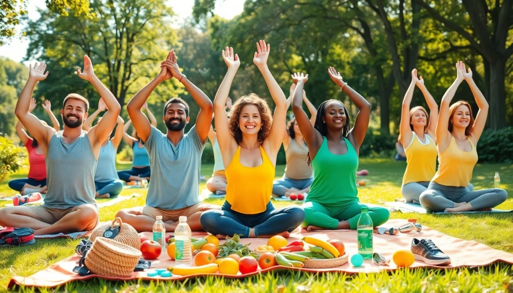 Premium health tips illustrated by diverse individuals enjoying outdoor yoga and fresh fruits.