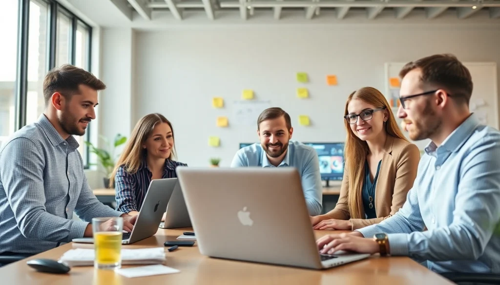 Chăm sóc website service team collaborating in a modern office
