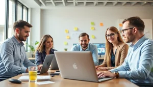 Chăm sóc website service team collaborating in a modern office