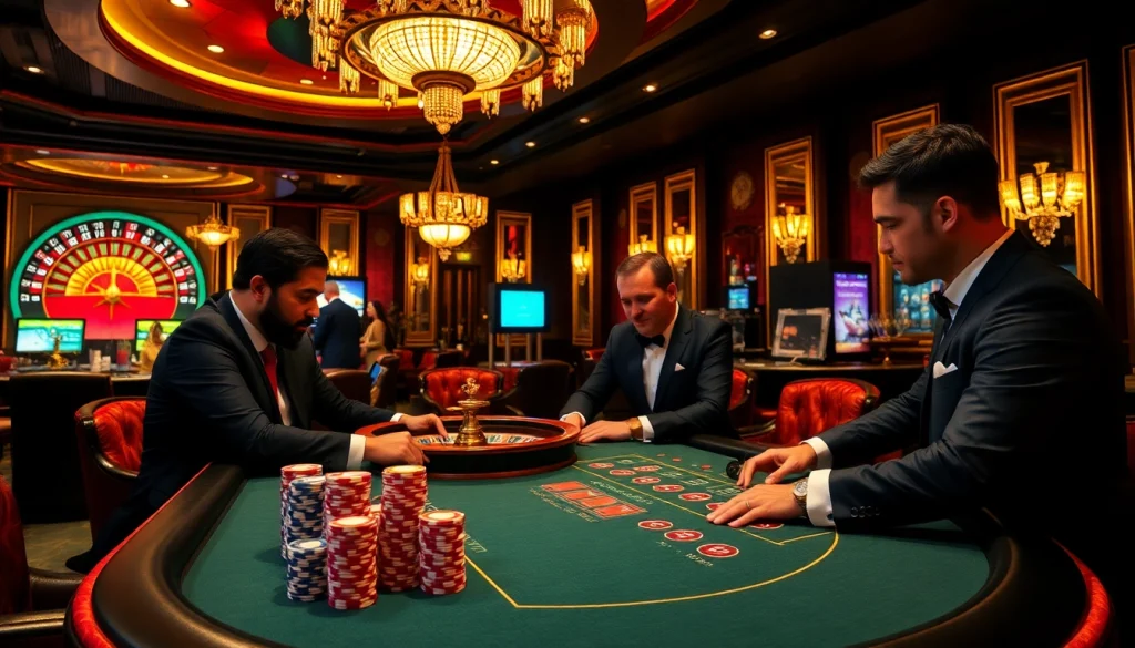 Players strategize at a poker table with 商品券信用卡 in play, surrounded by vibrant casino decor.