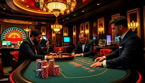 Players strategize at a poker table with 商品券信用卡 in play, surrounded by vibrant casino decor.