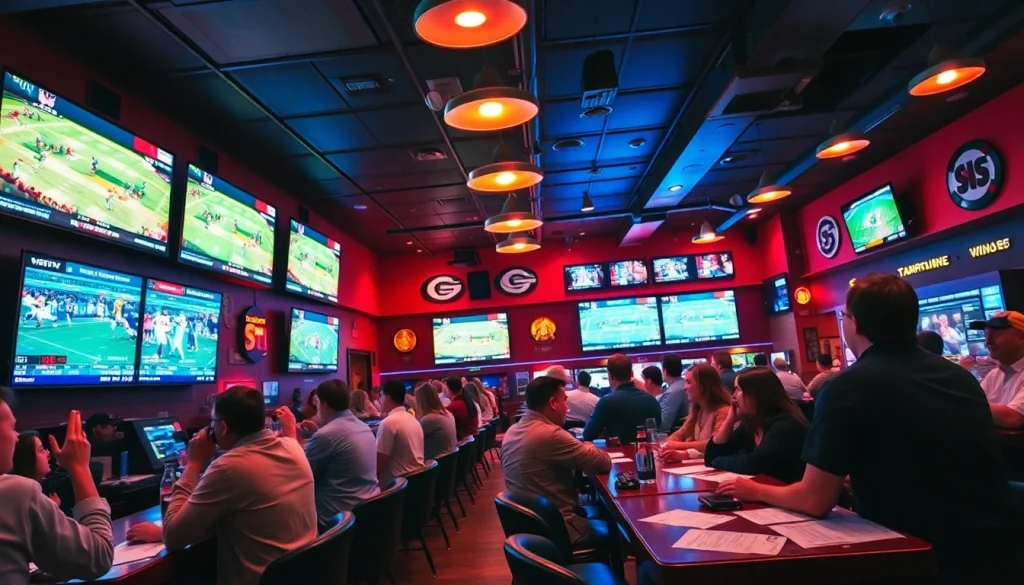 Engaged bettors enjoying sports betting sites New Brunswick in a lively sports bar environment.