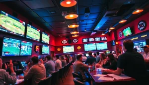 Engaged bettors enjoying sports betting sites New Brunswick in a lively sports bar environment.