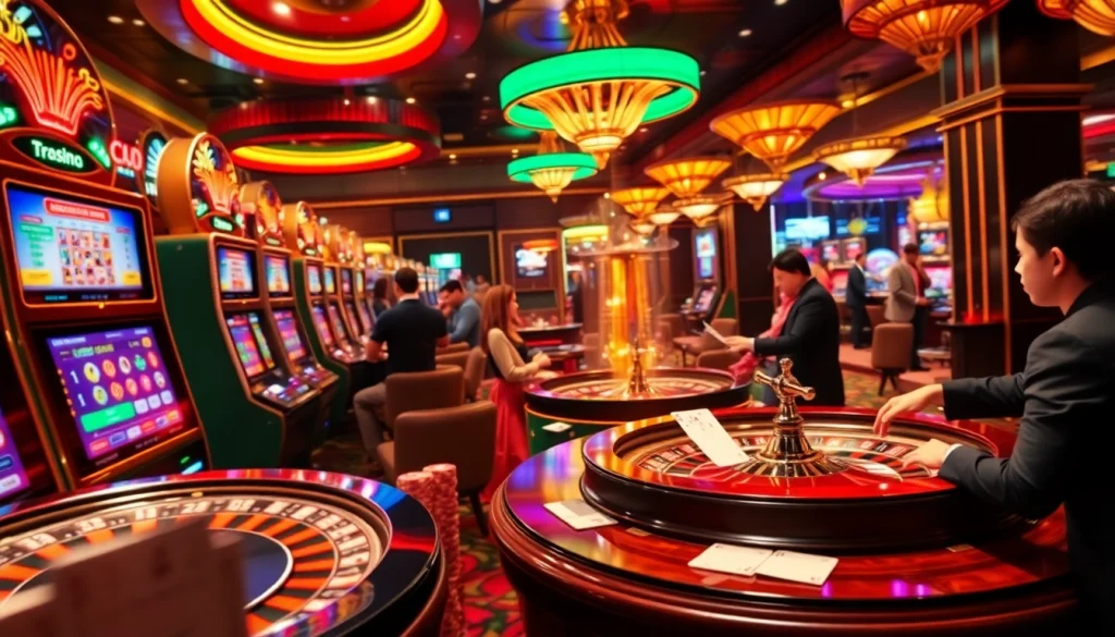 Nohu90 players experiencing an exciting casino environment with vibrant slot machines and roulette wheels.