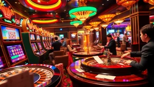 Nohu90 players experiencing an exciting casino environment with vibrant slot machines and roulette wheels.