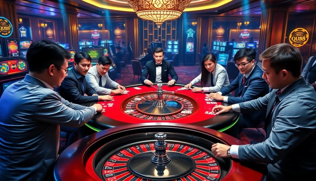 Experience the excitement of QQ88 at a vibrant casino with poker tables and thrilling gameplay.