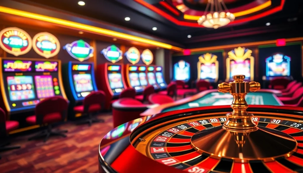 Experience the excitement of F8bet with an immersive casino scene showcasing roulette, poker, and vibrant slot machines.