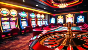 Experience the excitement of F8bet with an immersive casino scene showcasing roulette, poker, and vibrant slot machines.
