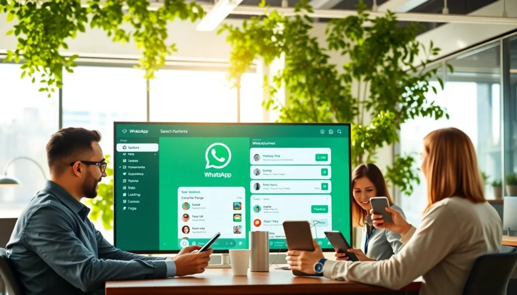Collaborative team effectively managing customer relations with WhatsApp Business CRM in a modern office setting.