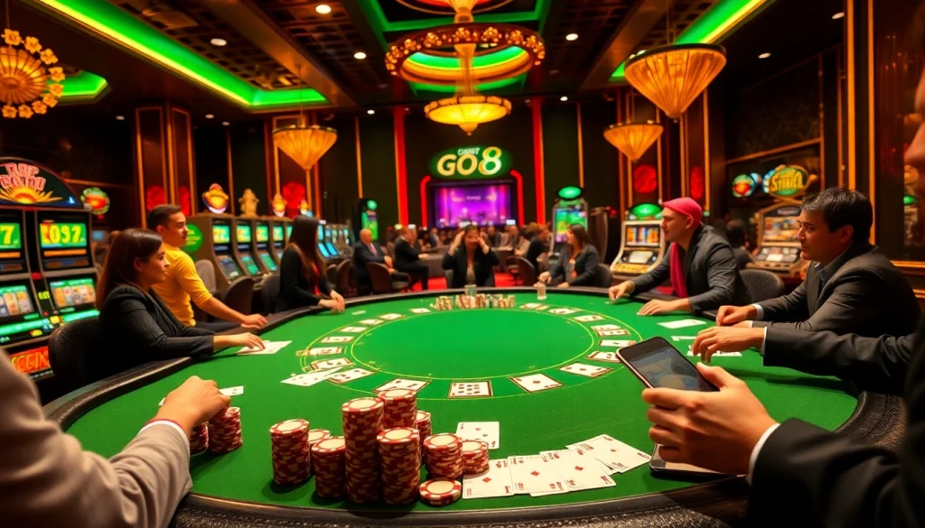 Experience the excitement of GO8 gambling at a luxurious casino poker table, complete with vibrant slot machines and roulette.
