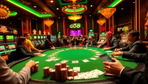 Experience the excitement of GO8 gambling at a luxurious casino poker table, complete with vibrant slot machines and roulette.