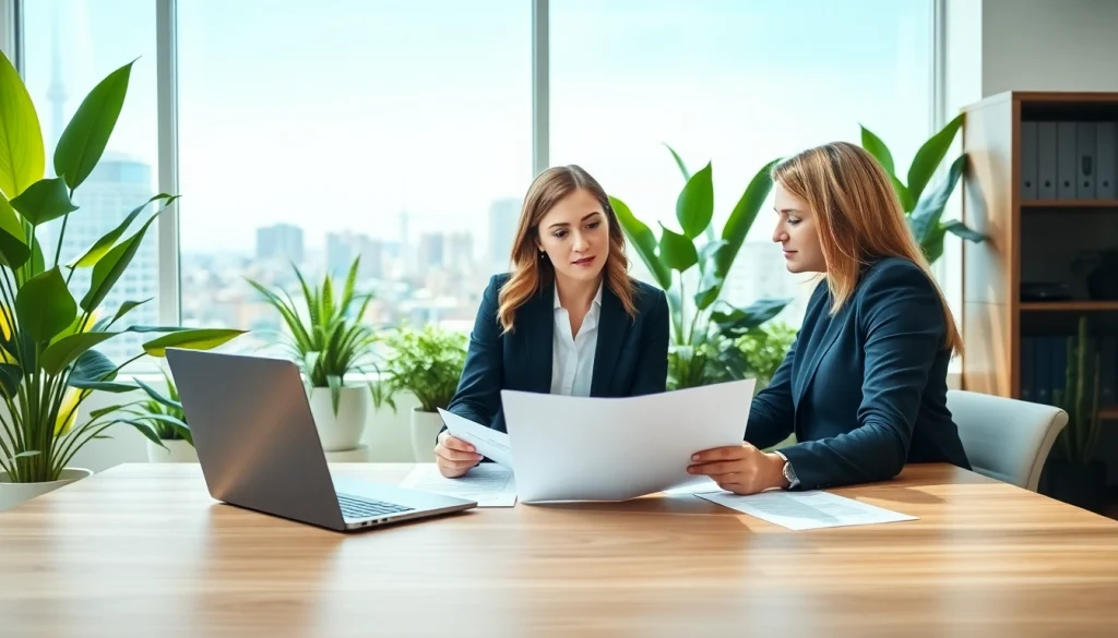 Lawyers at an environmental law firm discussing legal strategies in a modern office setting.