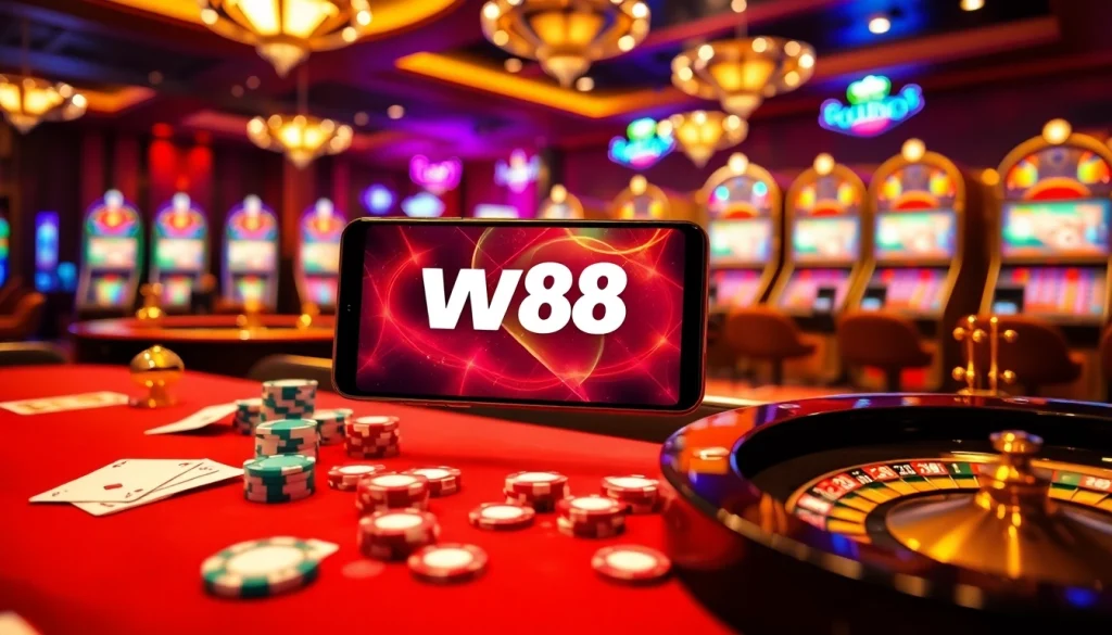 Experience the excitement of online gambling with W88 link on a mobile device amidst vibrant casino elements.