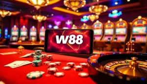 Experience the excitement of online gambling with W88 link on a mobile device amidst vibrant casino elements.