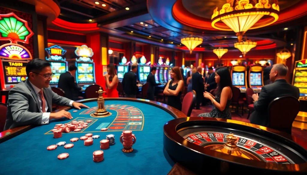 Experience the thrill of nhà cái uu88 with a vibrant casino scene showcasing poker, roulette, and slot machines.
