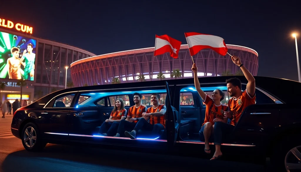 World Cup Group Transportation with fans enjoying luxury limousine ride to the stadium in Los Angeles.
