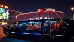 World Cup Group Transportation with fans enjoying luxury limousine ride to the stadium in Los Angeles.