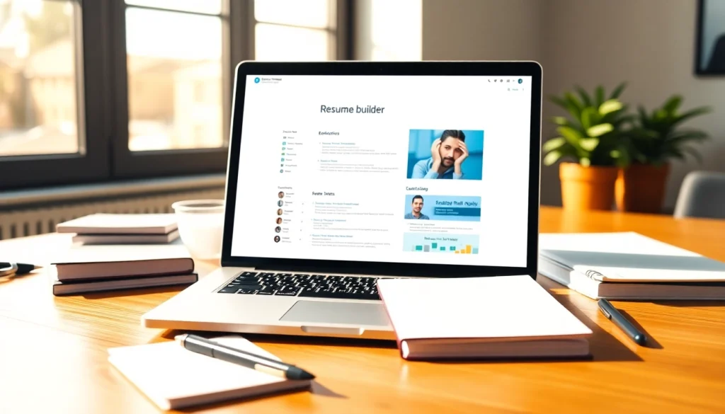 Create a standout Resume Builder with a sleek interface surrounded by office elements.