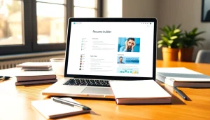 Create a standout Resume Builder with a sleek interface surrounded by office elements.