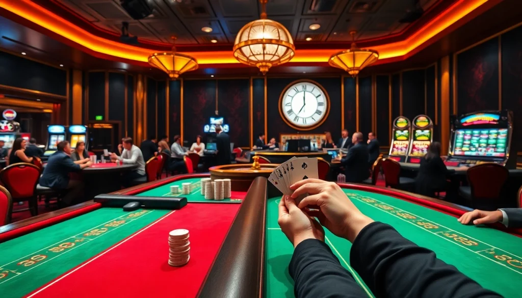 Experience thrilling gameplay at tk88 casino with vibrant action at poker tables and slot machines.