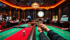 Experience thrilling gameplay at tk88 casino with vibrant action at poker tables and slot machines.