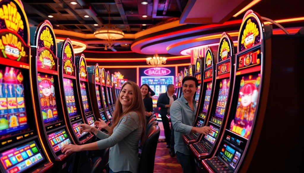 Exciting slot hoki gaming scene with players celebrating wins at vibrant casino machines.
