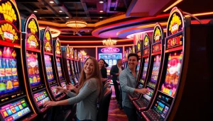Exciting slot hoki gaming scene with players celebrating wins at vibrant casino machines.