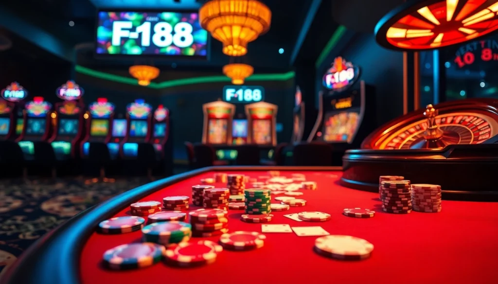 Exciting casino action at F168 with poker chips and a roulette wheel in a luxurious setting.