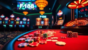 Exciting casino action at F168 with poker chips and a roulette wheel in a luxurious setting.