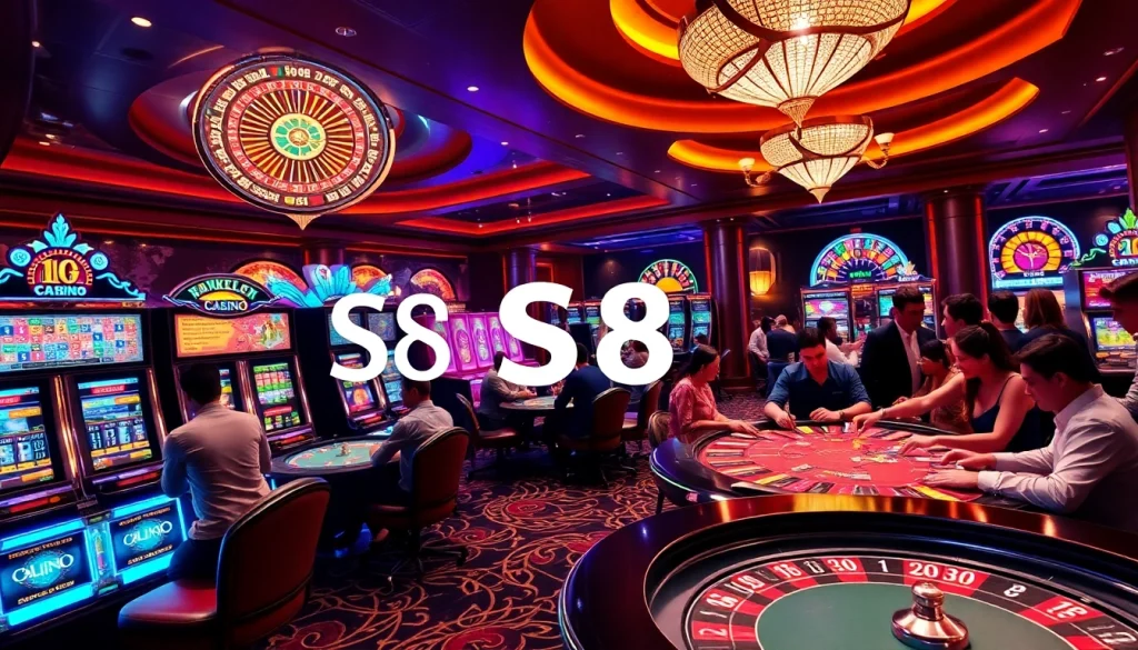 S8 players strategizing at poker tables in a vibrant online casino scene.