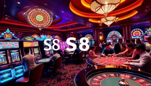 S8 players strategizing at poker tables in a vibrant online casino scene.