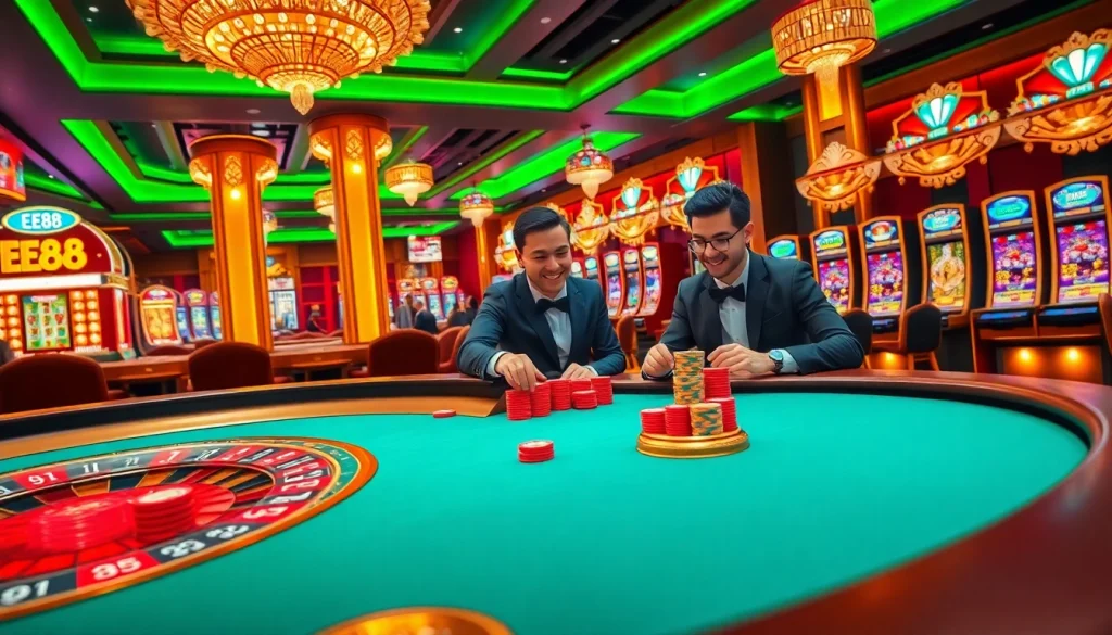 EE88 casino scene featuring vibrant slot machines, poker players, and a roulette table conveying excitement.