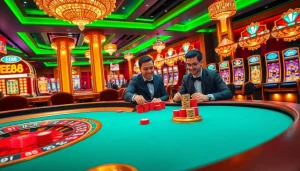 EE88 casino scene featuring vibrant slot machines, poker players, and a roulette table conveying excitement.