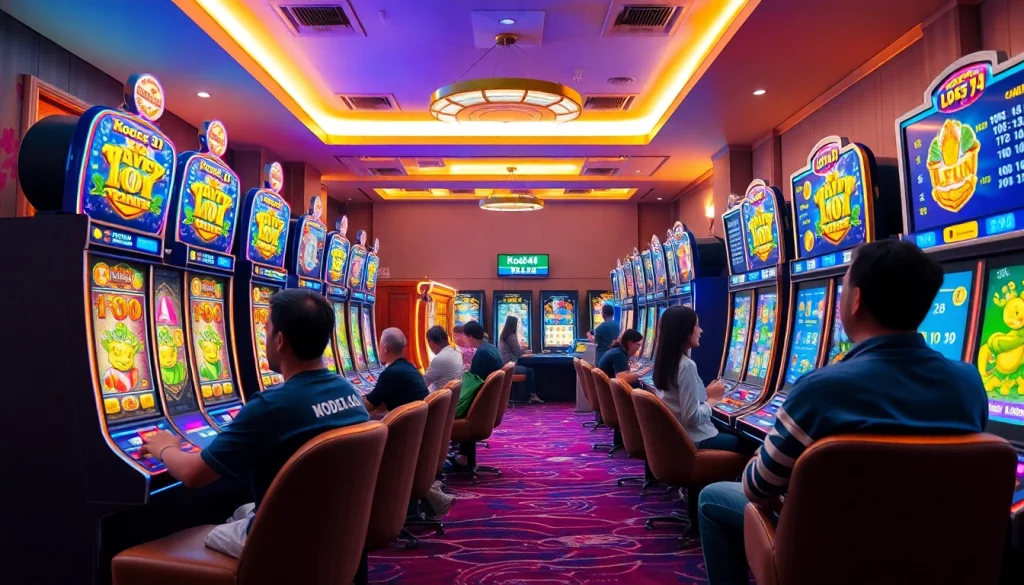 Kode4d slot gaming scene showcasing vibrant slot machines and excited players in a secure environment.