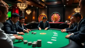 Exciting poker game scene at UU88 casino with professional players and vibrant chips.