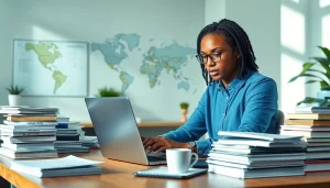 Traducteur professionnel dans un bureau moderne mettant l'accent sur le traducteur assermenté en ligne.