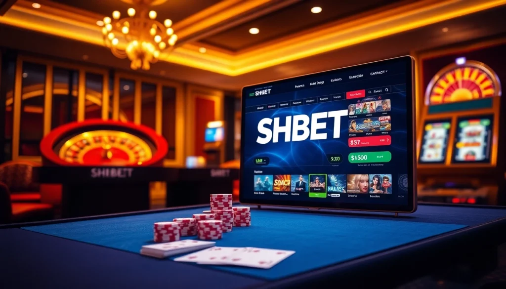 Experience thrilling gaming with SHBET at a luxurious casino featuring poker chips and a roulette wheel.